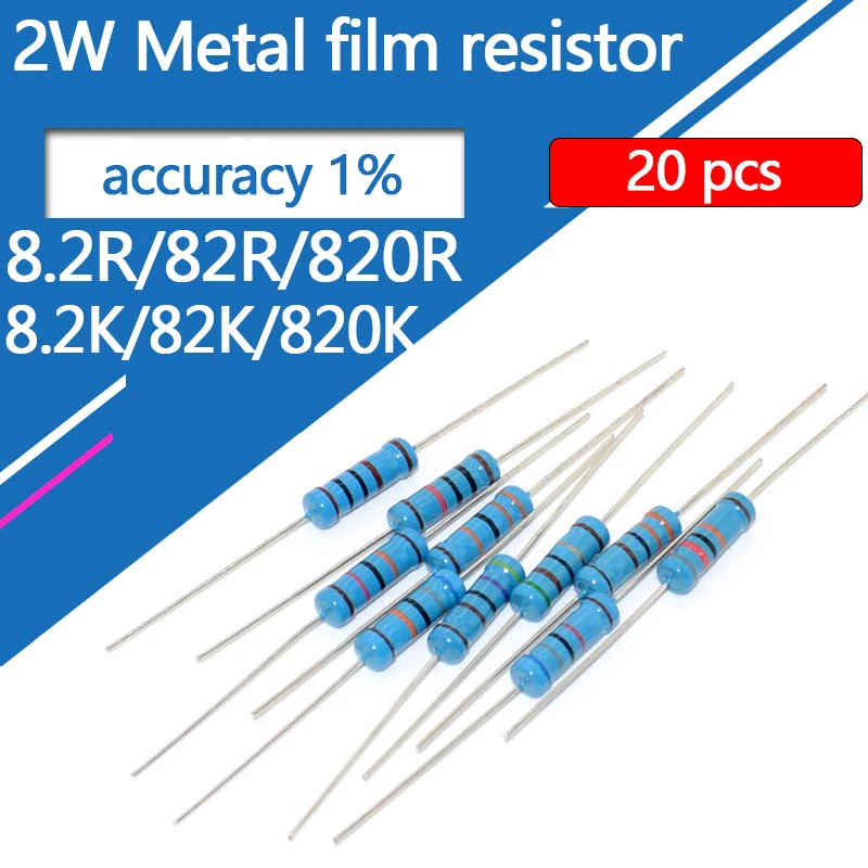 金属皮膜抵抗器2w,8r2, 82r, 820r, 8k2, 82k, 820k, 8.2 82 820オーム,r k,0.1r-10m, 20個