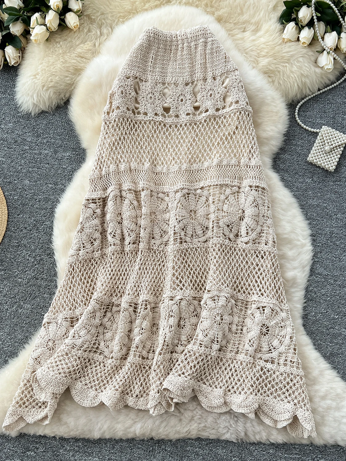 

Sweet High Waist Hollow Crochet Lace Knitted Skirt Women's Slim A-line Slim Long Skirt Beach Boho Casual