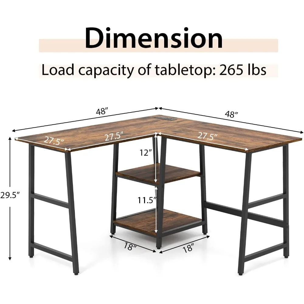 مكتب كمبيوتر على شكل سعة 48 لترًا، مكتب كتابة دراسة زاوية مع منافذ ومنافذ USB، محطة عمل كمبيوتر مكتبية منزلية #3