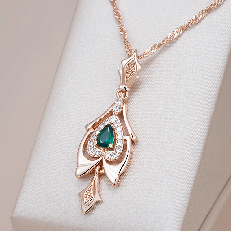 Kinel Hot 585 Rose Gold Color Pendant Necklace for Women Crystal Flower Green Natural Zircon Accessories Daily Vintage Jewelry