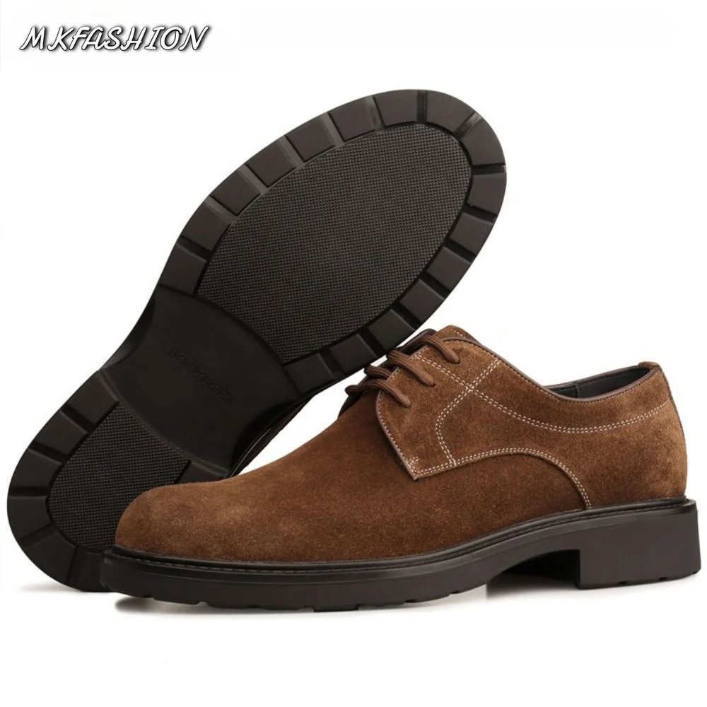 Camel Suede Derby Shoes for Men Business Genuine Leather Thick Sole British Casual Oxfords