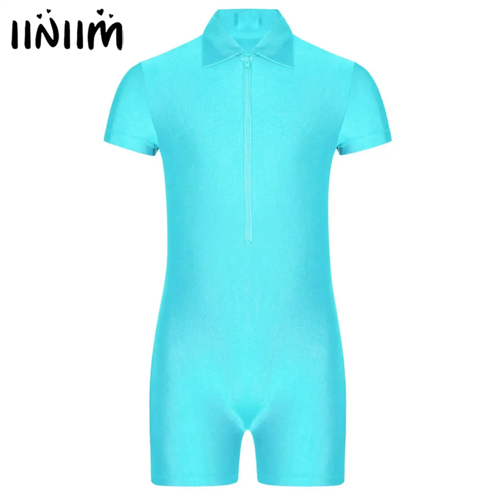 Boys Zipper Gymnastics Leotard Ballet Jersey Costume Turn-Down Collar Short Sleeve Jumpsuit for Danec Training Performance