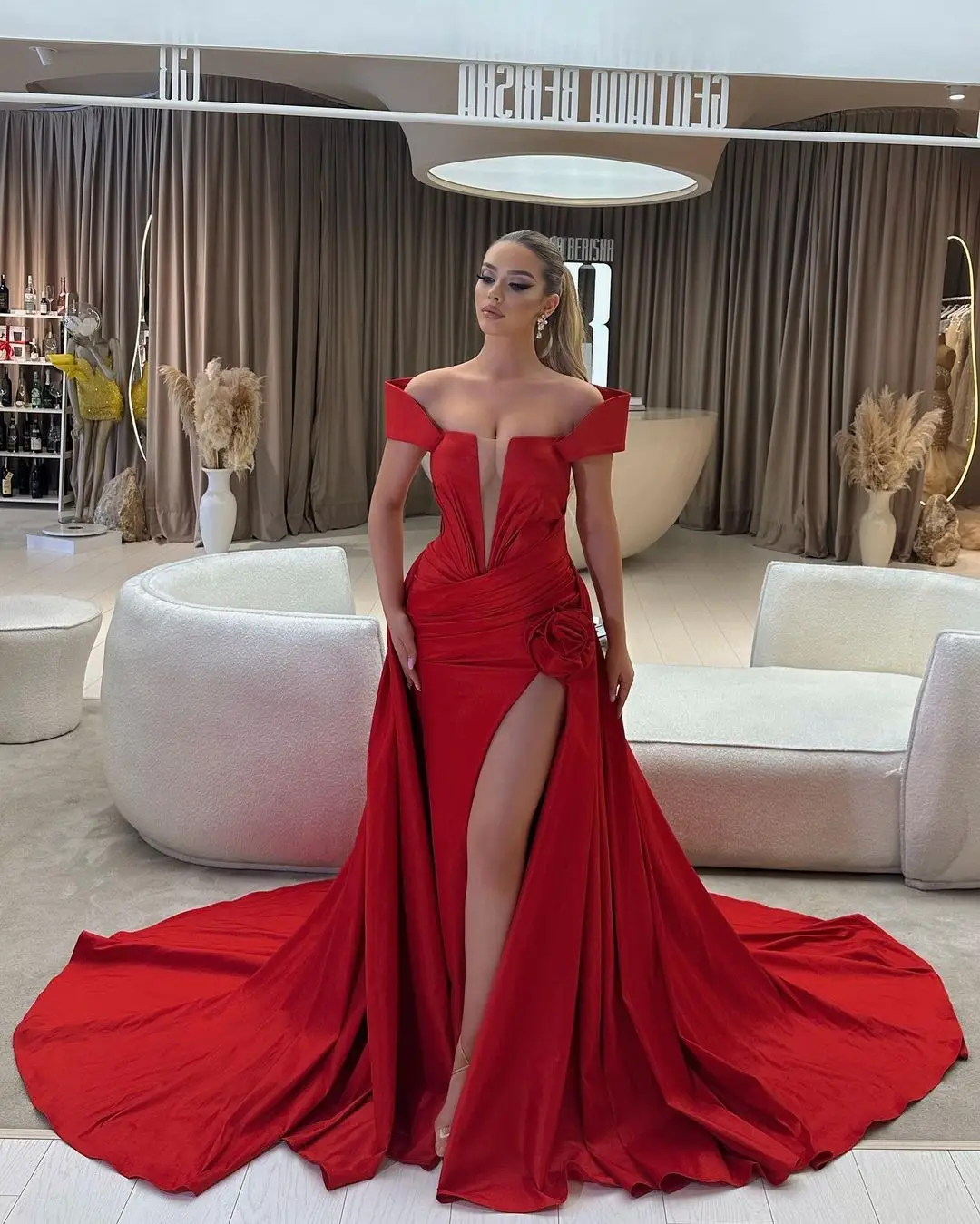 

Customized Fashion Jersey Straight Off The Shoulder Flowers Evening Dresses Strapless Red Panel Train Short Sleeves Pr