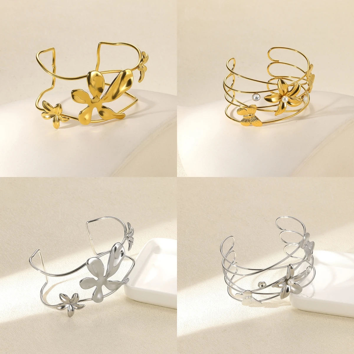

Fashion Flower Cuff Bangles Stainless Steel Bracelets For Woman Simple Multilayer Jewelry Pulseras Mujer Moda New In 2025