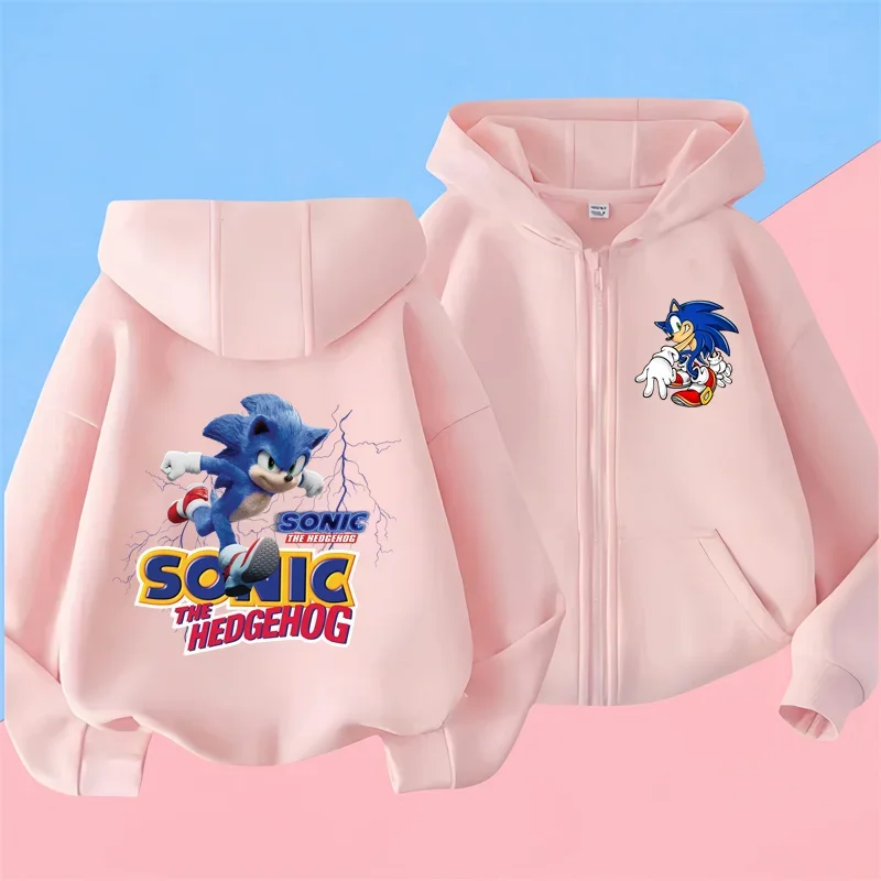 Kawaii Sonic zipper Hoodie Set for Girls Anime zipper Hoodies Pants 2pcs Kids Cartoon Teen Tracksuits Toddler Clothes Sport Suit