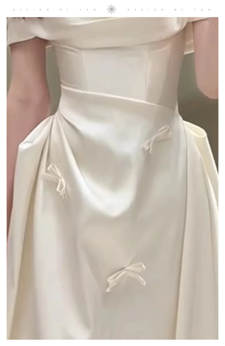 فستان زفاف فرنسي أنيق مثير خارج الكتف فستان زفاف عالي الخصر نحيف على شكل حرف a بفيونكة بيضاء فستان سهرة طويل للنساء #6