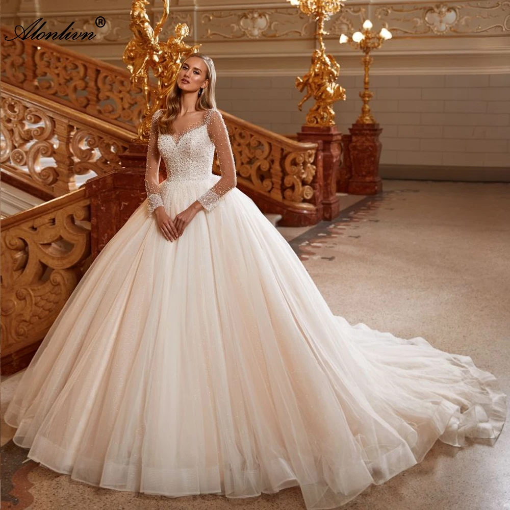 

Alonlivn Elegant Beading Pearls Of Top O-Neck Full Sleeves Ball Gown Women Wedding Dresses