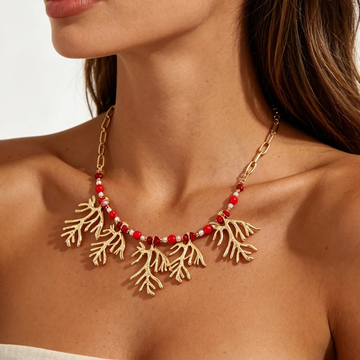 Multi Layered Star Pendant Necklace Pearl Red Stone Beaded Chain Vintage Boho Women Daily Party Fashion Jewelry