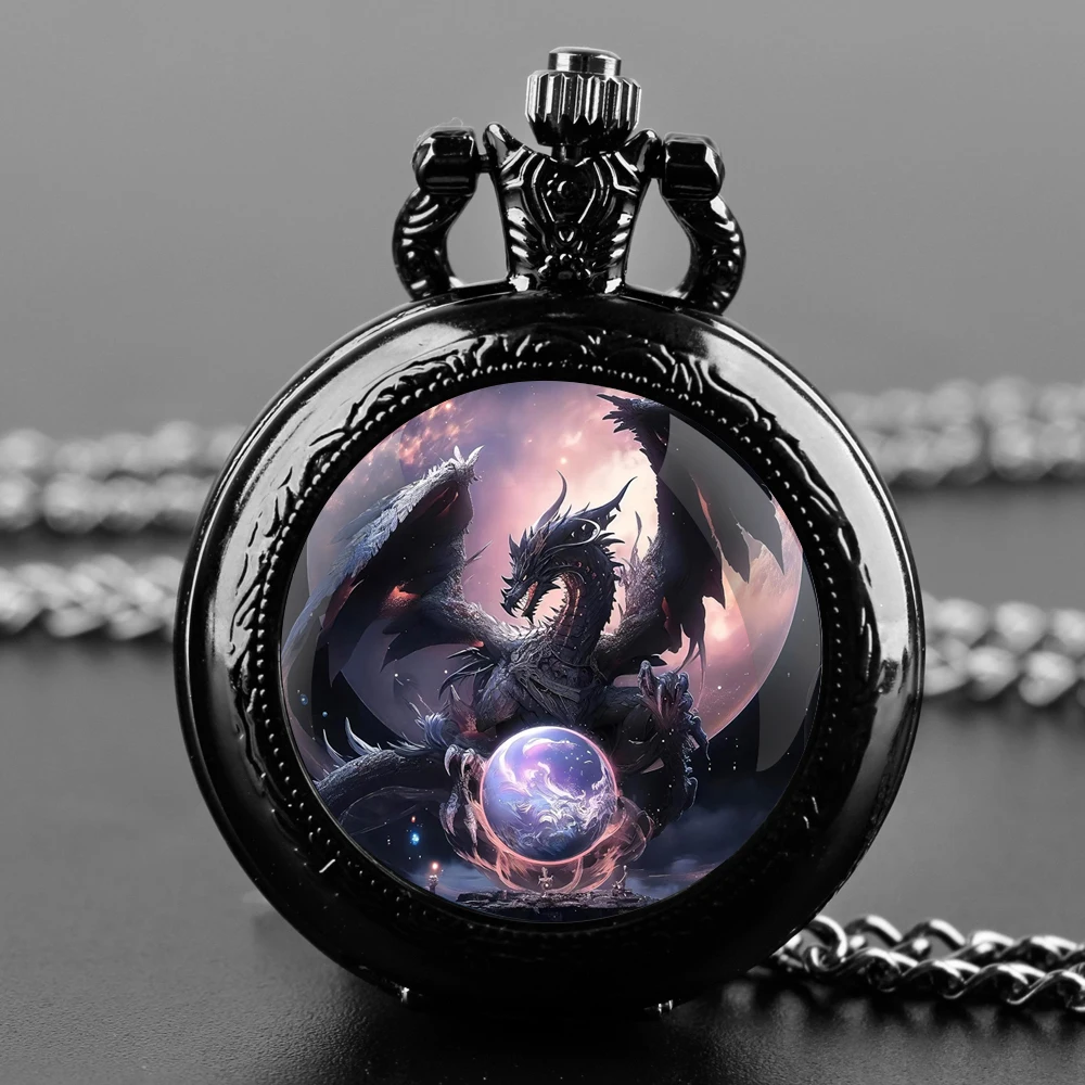 Reloj de bolsillo de cuarzo para hombre y mujer, pulsera con diseño de dragón púrpura, cúpula de cristal, cadena duradera, esfera de números árabes, regalos creativos