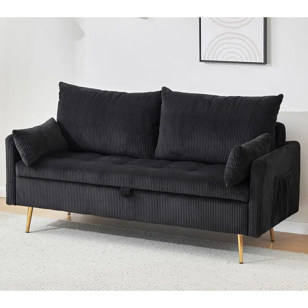 

Black Loveseat Sofa with Hidden Storage, Upholstered 2 Seater Couch, Gold Legs, Ideal for Small Spaces
