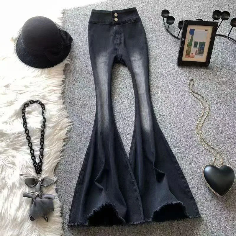 Hot Girl Style Stretch Fishtail Flared Jeans Women's Black and Grey Retro Raw Edge Washed Slim Floor Pants