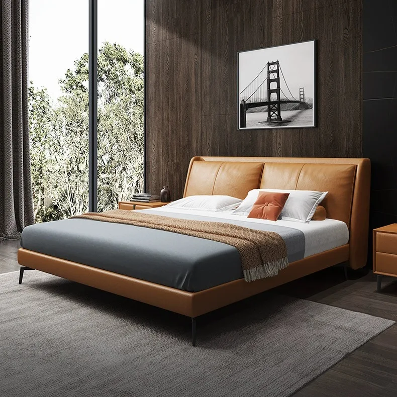 Foshan factory Italian light luxury leather 1.8 meters genuine leather modern simple Nordic double  bedroom orange leather Bed