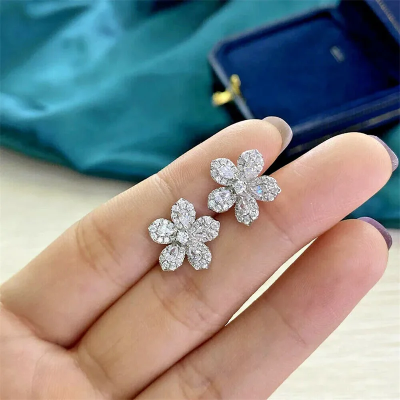 Huitan Silver Color Crystal Cubic Zirconia Flower Earrings for Women Fancy Ear Accessories Birthday Gift Piercing Trendy Jewelry