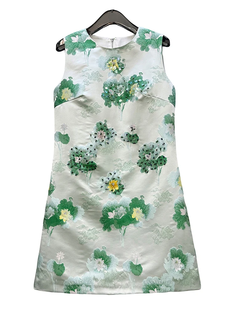 Vestido francés elegante para ir al trabajo, industria pesada, bordado de lentejuelas, cuello redondo, sin mangas, cintura alta, ajustado, sin mangas, para mujer