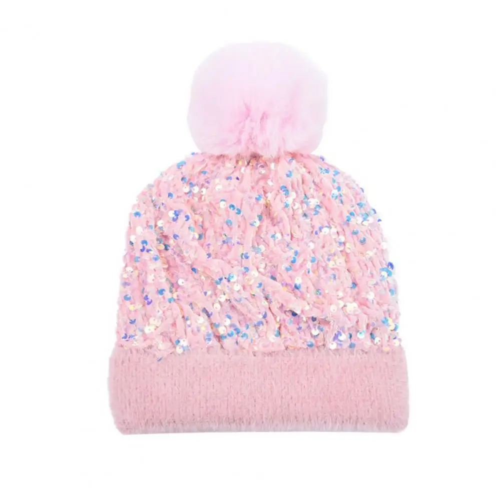 

Plush Knit Hat Women's Winter Bucket Hat with Plush Ball Shiny Sequins Cozy Knit Headwear for Cold