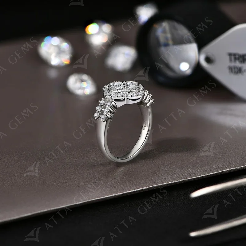 ATTAGEMS 2024 D/VVS1 Round Shape Full Moissanite Diamond Rings for Women Top Quality S925 Silver Clover Fine Jewelry Gift Luxury