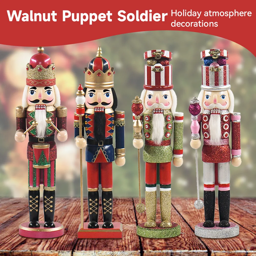 

38CM Christmas Nutcracker Soldier Puppet Desktop Ornament Wooden Handmade Glittering Powder Doll Home Decoration Christmas Gift