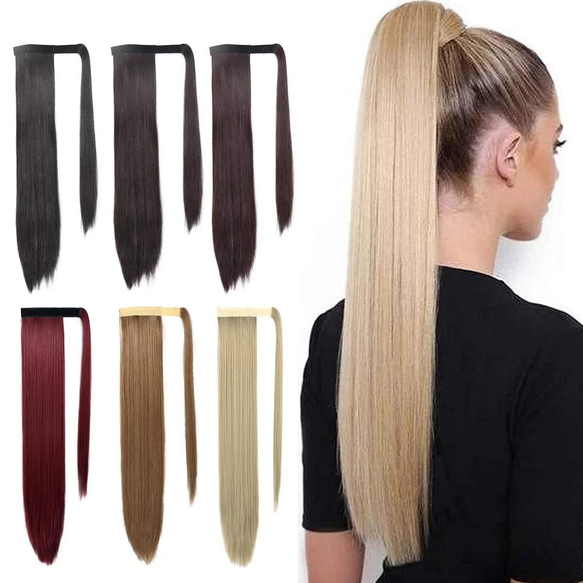 كليب في ذيل حصان تمديد التفاف حول طويل مستقيم ذيل حصان الشعر 22 بوصة ومموج 17 بوصة الاصطناعية هيربيسي وصلات شعر