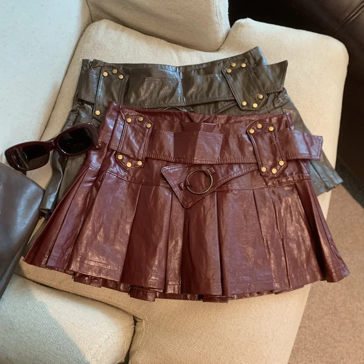Retro Women Red Pu Leather Sexy Club Versatile College Style Slim Short Skirt Autumn Winter Coffee Colored Pleated Mini Skirts