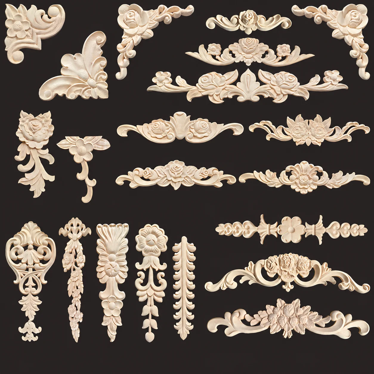 Wood Carved Applique Floral Wooden Onlay Furniture Cabinet Door Wall Trim Rose Ornament Unfinished DIY Vintage Home Decor