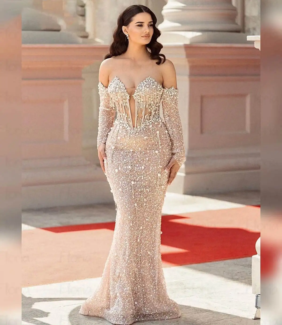 Robe de Soirée de Forme Sirène Élégante à Manches sulf, Tenue de Bal Formelle avec Perles et Cristaux, pour Occasions Spéciales