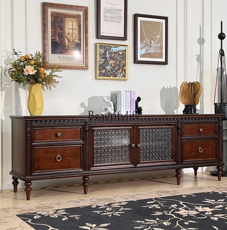 

French pure solid wood retro TV cabinet living room floor cabinet American log