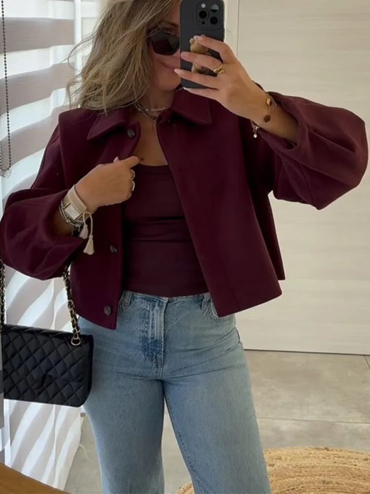 2024 Fashion Burgundy Single Breasted Lapel Jackets For Women Elegant Long Sleeve Oversized Ancora Red Coat Lady Chic Streetwear