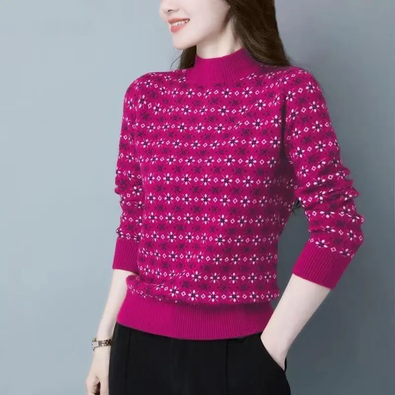 Maglioni lavorati a maglia in tessuto jacquard vintage Abbigliamento da donna Casual Allentato Autunno Inverno Manica lunga Elegante maglioni a collo alto