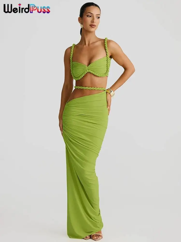 Raar Puss vierkante kraag 2-delige set dames bh + magere lange rokken bandage ruches 2025 zomervakantie strandfeest trendpakken