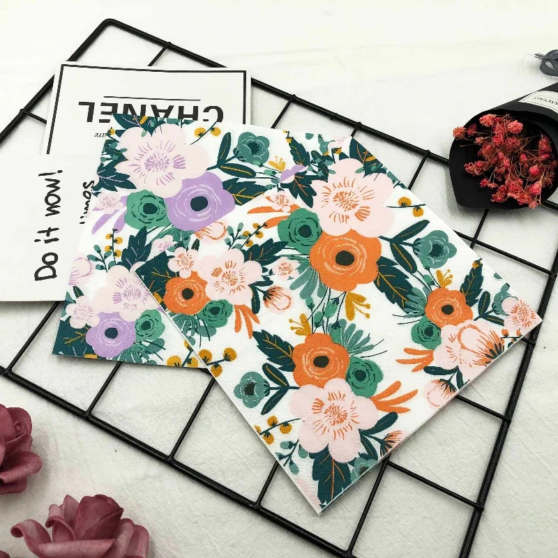 20pcs/Pac 2-Ply Colourful Printed Napkins New Floral Flower 2 Colors Creative Folded Napkins Wedding Party Baking Mouthcloths