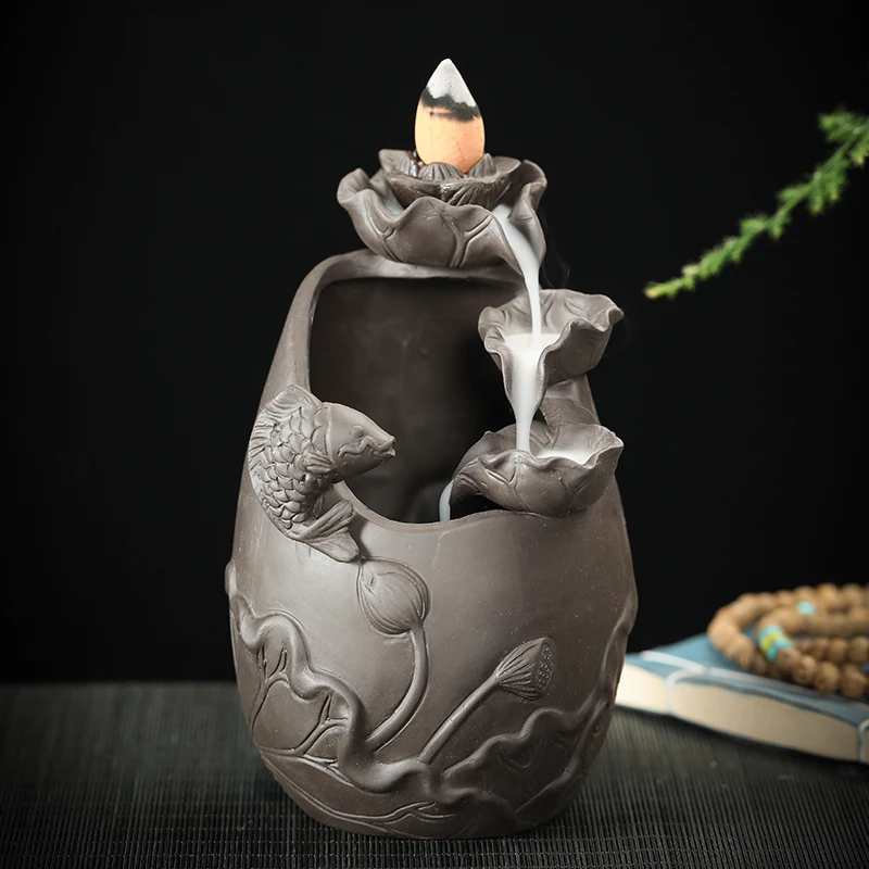 Reverse Flow Incense Burner Ornament, Indoor Zen Tea Ceremony, Purple Clay, Cute Fish Lotus Shape Iine Incense Stove Holder, 1Pc