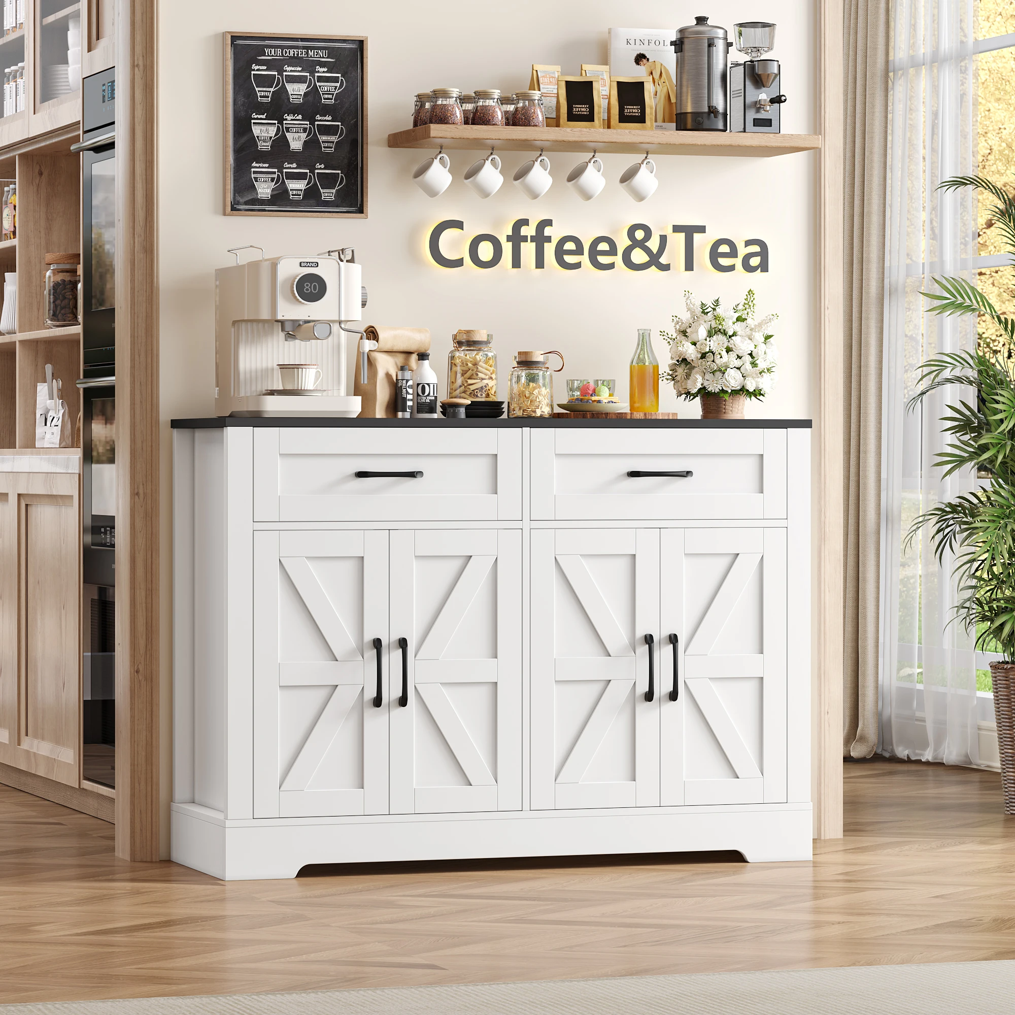 Sideboard Küchenbuffet mit Arbeitsplatten, küchenschrank 2 Schubladen und 4 Türen für