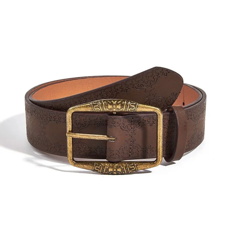Retro Brown Leather Belt Women's Fashion Design Embossed Weathered Jeans Matchmaking Belt Alloy Buckle 2cm Width Unisex
