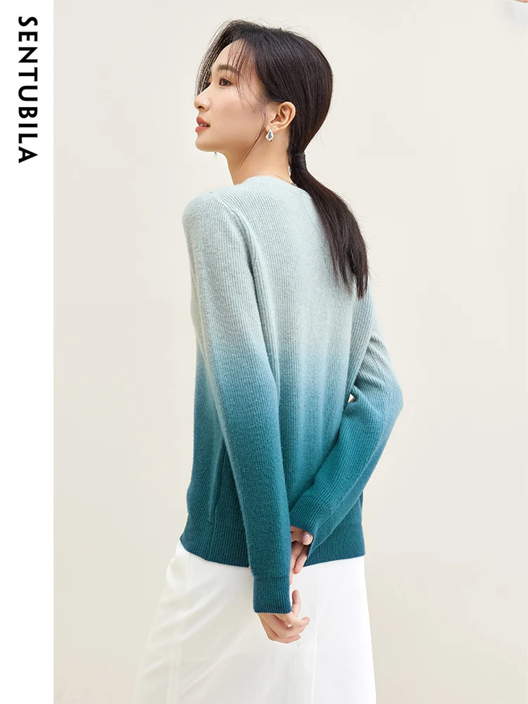 SENTUBILA Gradient Blue Wool Blend Winter Autumn Sweater Women 2024 Fashion Round Neck Long Sleeve Pullovers Knitwears Jumpers