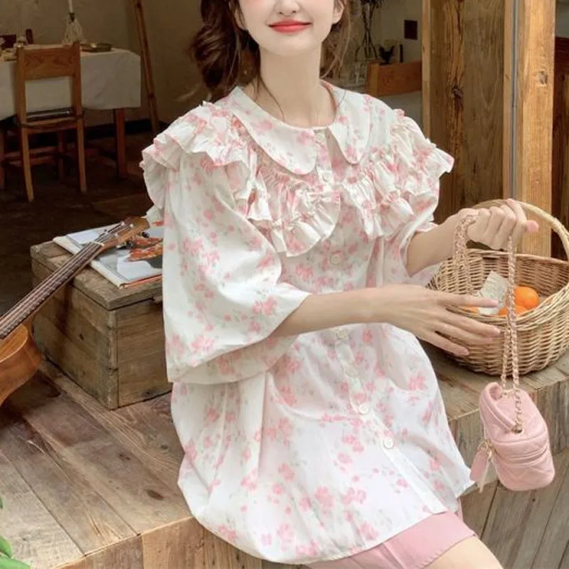 2024 Summer New Women's Blouse Peter Pan Collar Printed Button Spliced Ruffles Casual Fashion Sweet Loose Puff Sleeve Shirt Top