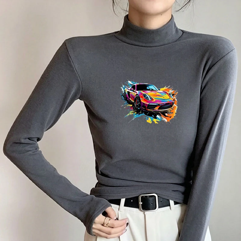 Winter Women's Thermal Brushed Fleece Half Mock Neck Long Sleeve T Shirt Sports Car Side Color Splash Graphic Warm Tee