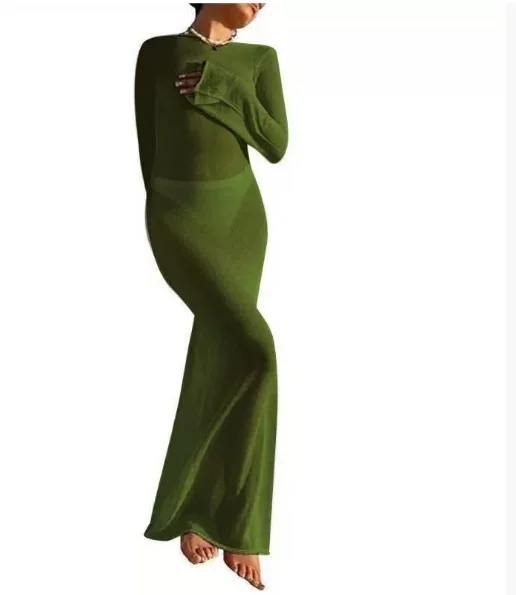Femmes nouvelle fête couleur unie col rond élégant robe de plage à manches longues Sexy dos nu robe mince maigre moulante