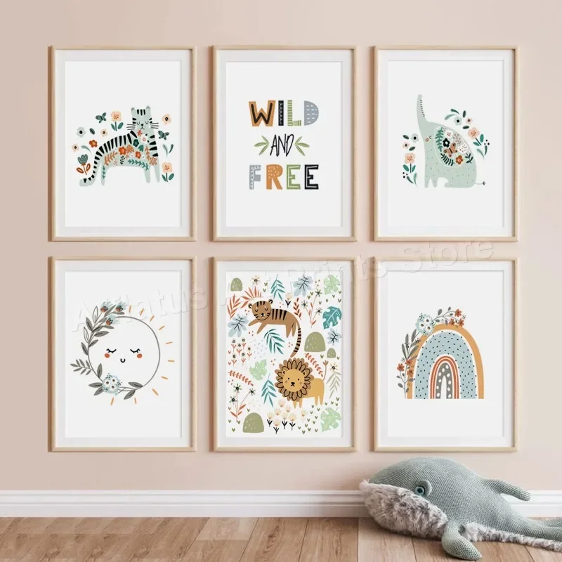

Elephant Leopard Lion Rainbow Sun Moon Wildflowers Cartoon Posters Of Wall Art Canvas Prints Pictures Baby Children Room Decor