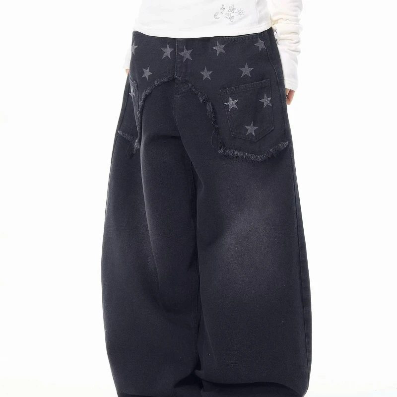 American Retro Design Star Print Women's Jeans 2025 Autumn Winter New Loose Thin High Waist Versatile Wide-leg Trousers Ladies