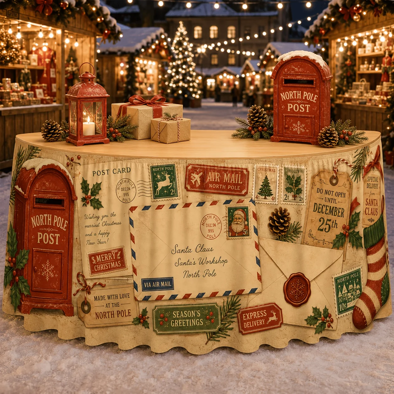Envelope stamps, Lu Ban pinecone Christmas stocking tablecloth, Retro Christmas tablecloth, Holiday party decoration