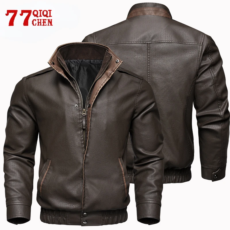 

Mens Leather Jacket Vintage Windproof PU Leather Motorcycle Jackets Spring Autumn Stand Collar Loose Coat Brown Male Chaquetas