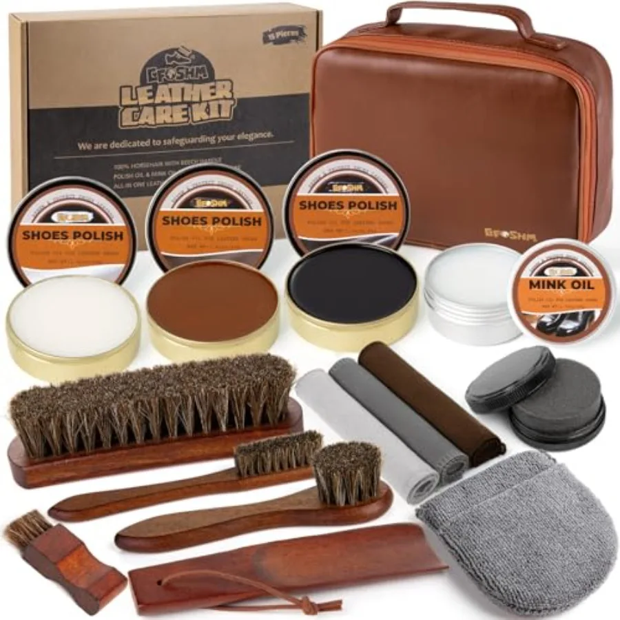 

Shoe Shine Kit 15-in-1 Leather Shoe Polish and Care Set with 4 Horsehair Brushes Black Brown Neutral Wax Mink Oil 3 Cloths Shin
