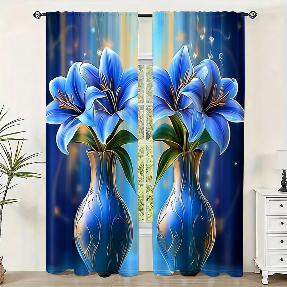 

2Pc Blue Flower Printed Curtains Decorative Window Drapes Window Treatments For Bedroom Living Room Home Decoration Room