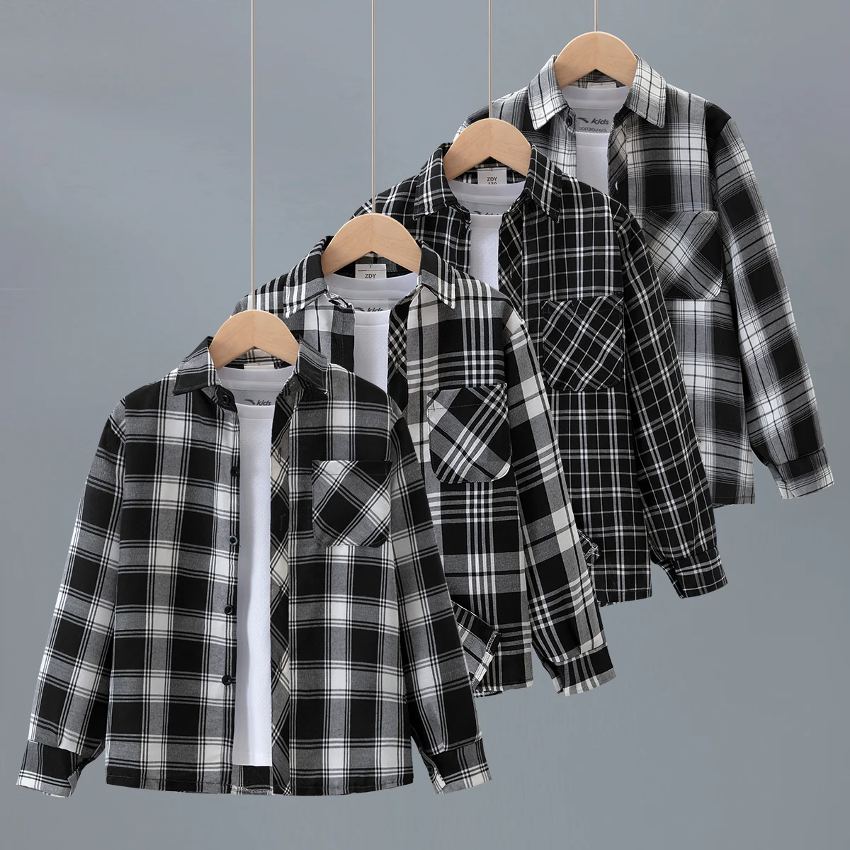 Children's Spring and Autumn Multi color Checkered Shirt Casual Versatile Collar Long sleeved Top Boys' Sports Outdoor T-shirt