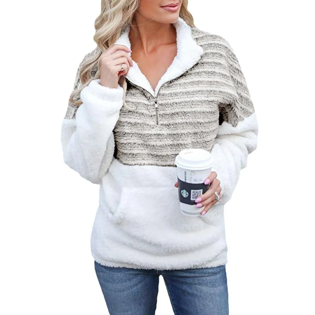 Autumn and Winter Fashion Plush New V-neck Zipper Long Sleeved Color Blocked Warm Hoodie Jacket