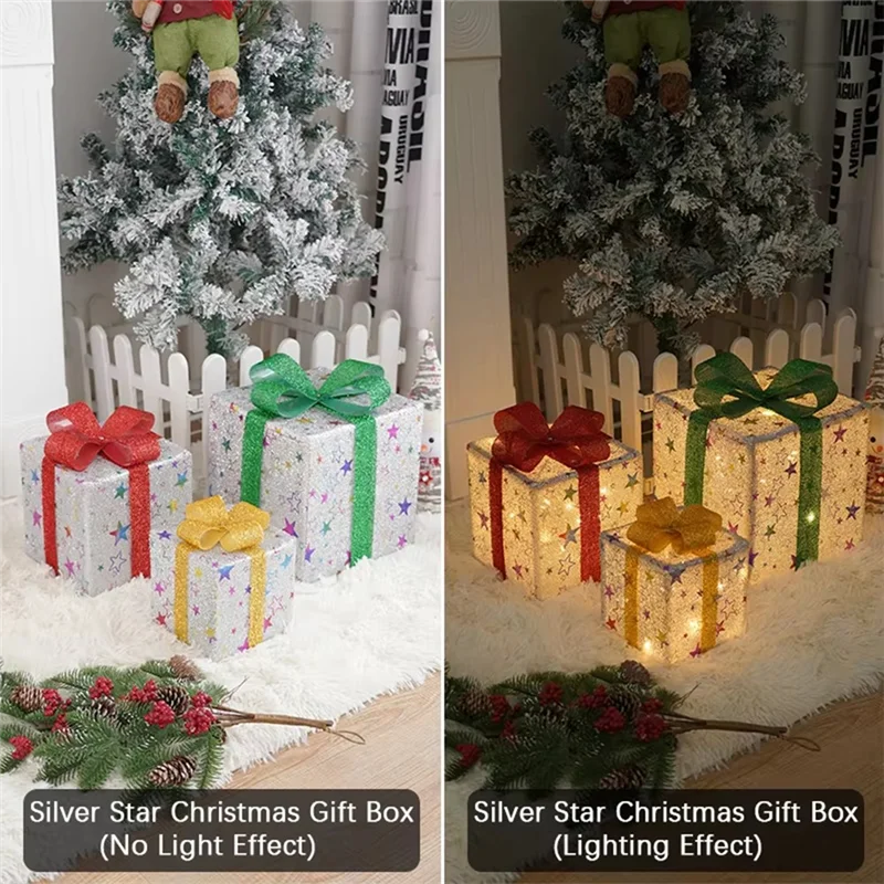 ABFU-Remote-Controlled Christmas Lighted Gift Boxes, Set Of 3, Luxury Smart Present Boxes For Indoor/Outdoor Christmas Decor