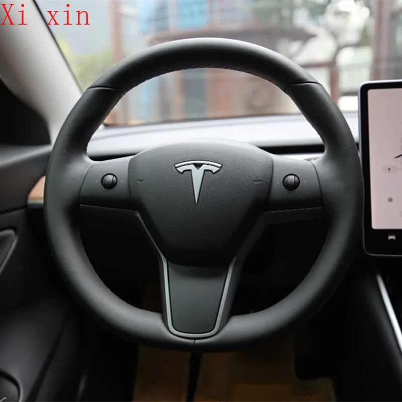 

For Tesla Model 3 model Y 2019-2022 DIY carbon black suede hand sewn steering wheel cover car interior