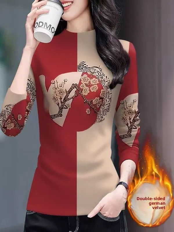 

Fashionable Mom Double-Sided Velvet Long Sleeve T-Shirt Women's Autumn Winter Warm All-Match Print Top Casual Slim Fit Polyes...