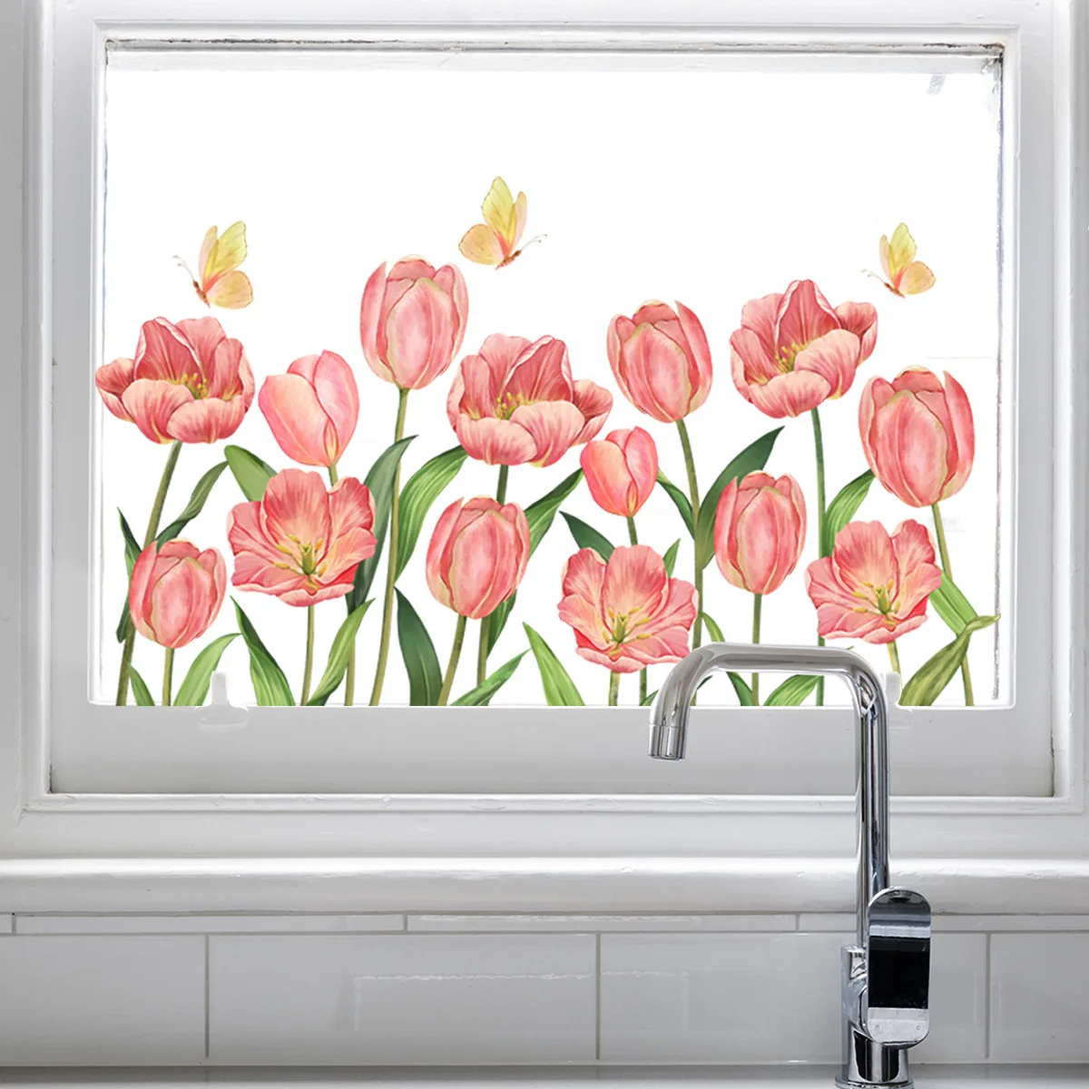 Double Sided 2pcs Pink Tulips Flower Butterfly Wall Sticker Self-adhesive Paste Window Glass Paste Visible Decorative Wall Decal