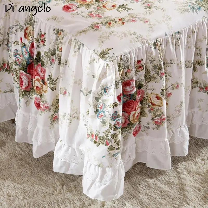 French Style Printing Cotton Little Bed Skirt Lace Bed Skirt Pillowcase Mattress Cover Double Queen Home Textile Multi Size #sw